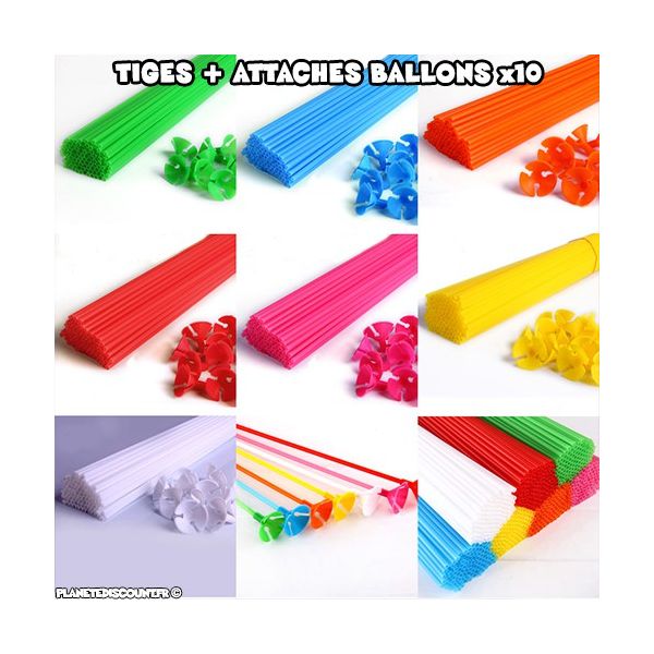 Tiges et attaches ballons multicolores x10