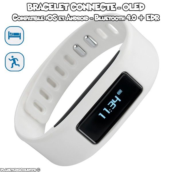 Bracelet connecté - podomètre, calorie, écran OLED - Blanc
