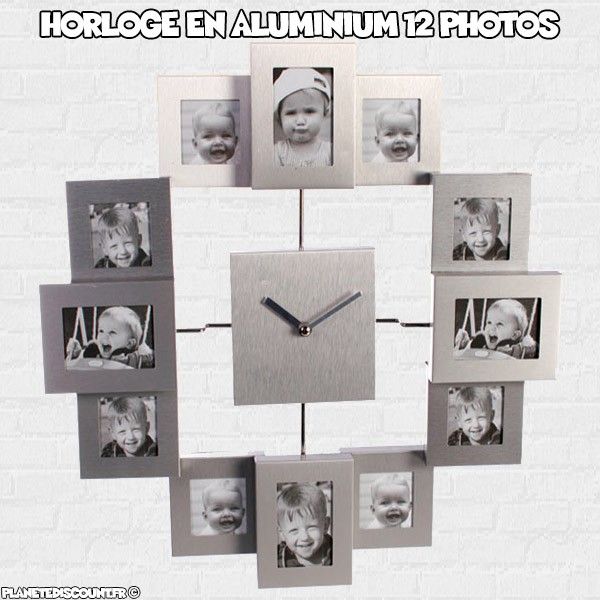 Horloge murale en aluminium 12 cadres photo