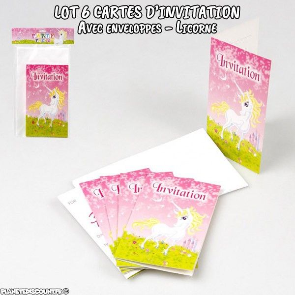 Lot de 6 cartes d'invitation de fête avec enveloppes - Licorne