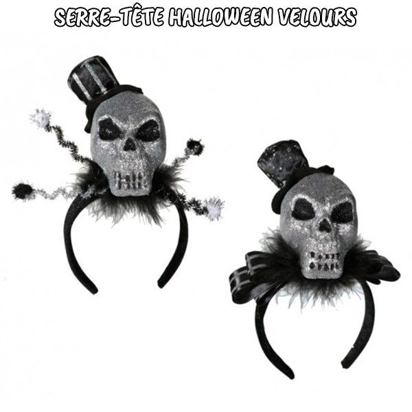 Serre-tête halloween velours tête de mort