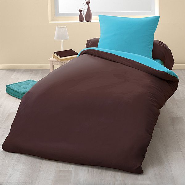 Parure de couette bicolore microfibre 140x200 cm chocolat turquoise