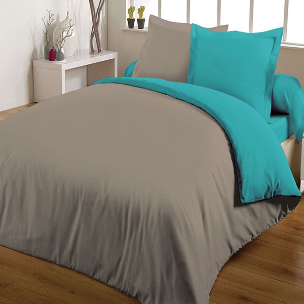 Parure de couette bicolore 100% coton 240x260 Turquoise Taupe