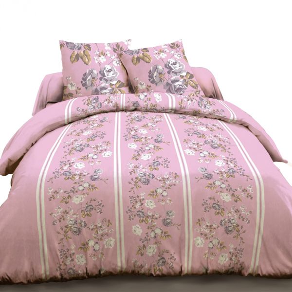 Parure housse de couette coton Flowers Rose