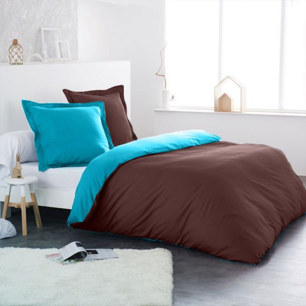 Parure de couette bicolore 100% coton Choco / Turquoise