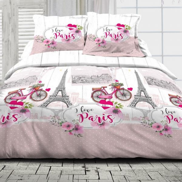 Parure de couette 100% Coton 57 fils I Love Paris Rose