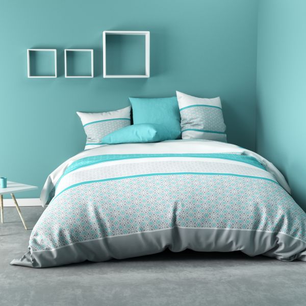 Housse de couette - Parure de lit 140x200 cm Coton Gris Turquoise