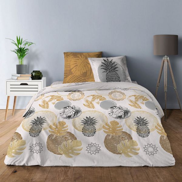 Parure de lit - Housse de couette 100% Coton 57 fils Ananas Jaune