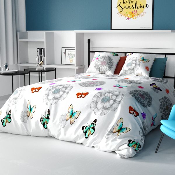 Housse de couette 220x240 + 2 taies d'oreiller 100% coton Butterfly