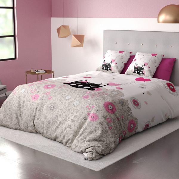 Housse de couette 140x200 + 1 taie d'oreiller 100% coton Pussycat Pink