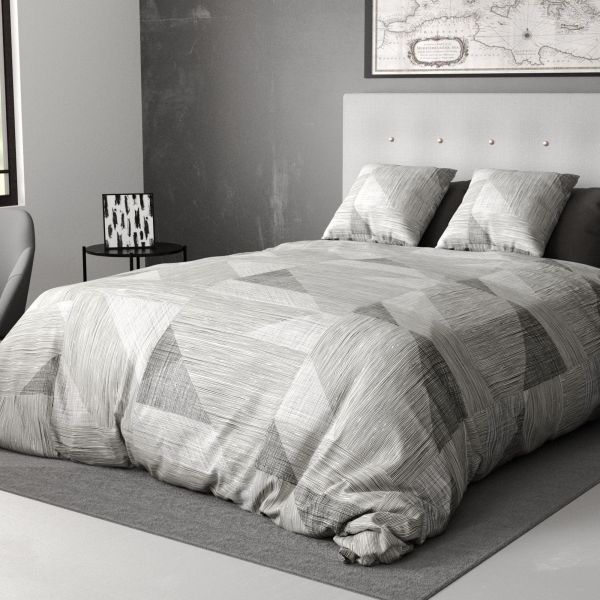 Housse de couette et taie d'oreiller coton Buxi Gris 2