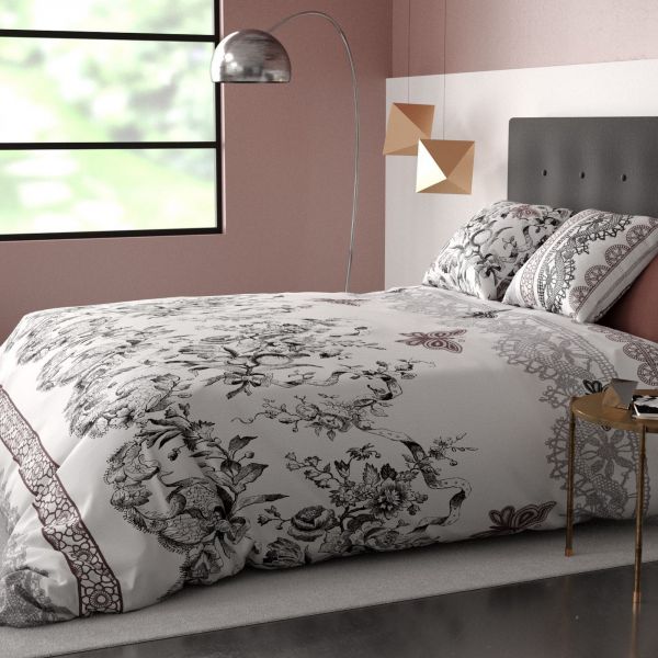 Housse de couette et taie d'oreiller coton Chabby Chic Gris Fonce