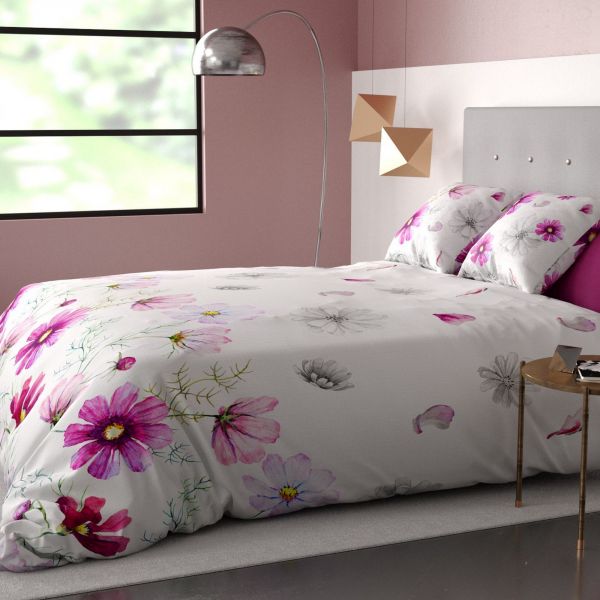 Housse de couette et taie d'oreiller coton Fleuri Rose I241