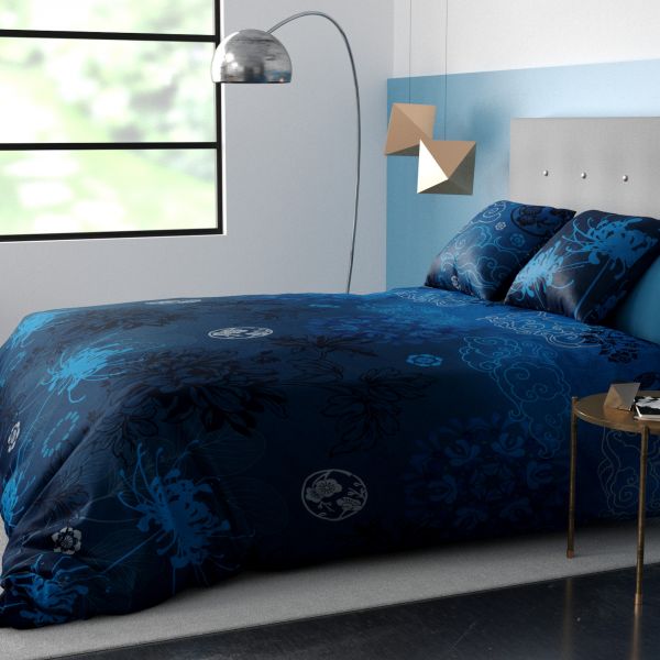 Housse de couette et taie d'oreiller coton Japonisant Bleu