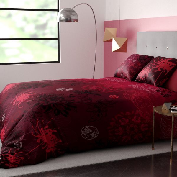 Housse de couette et taie d'oreiller coton Japonisant Bordeaux 2