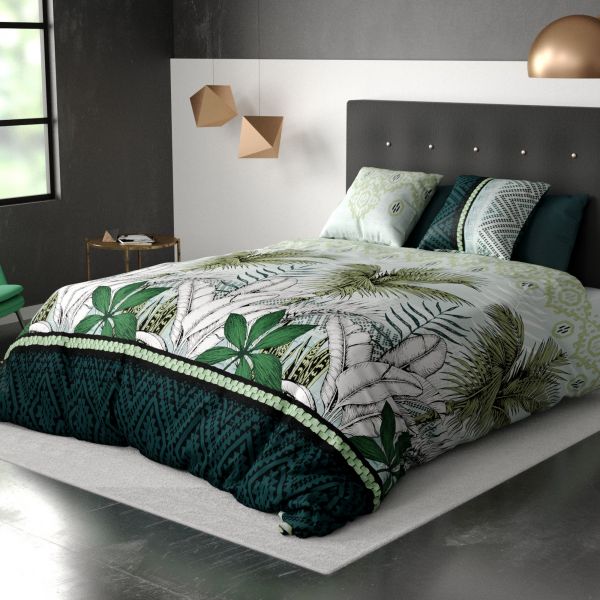 Housse de couette et taie d'oreiller coton Jungle Vert