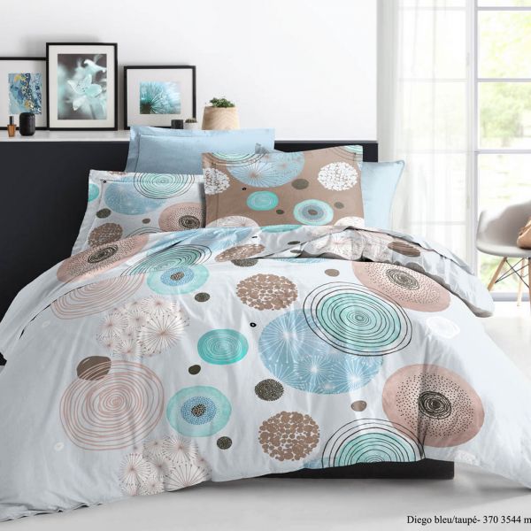 Housse de couette et taie d'oreiller 100% Coton 57 fils Diego Bleu