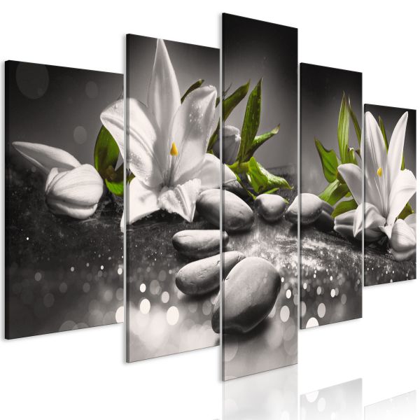 Tableau Zen Lilies and Stones (5 Parts) Wide Grey