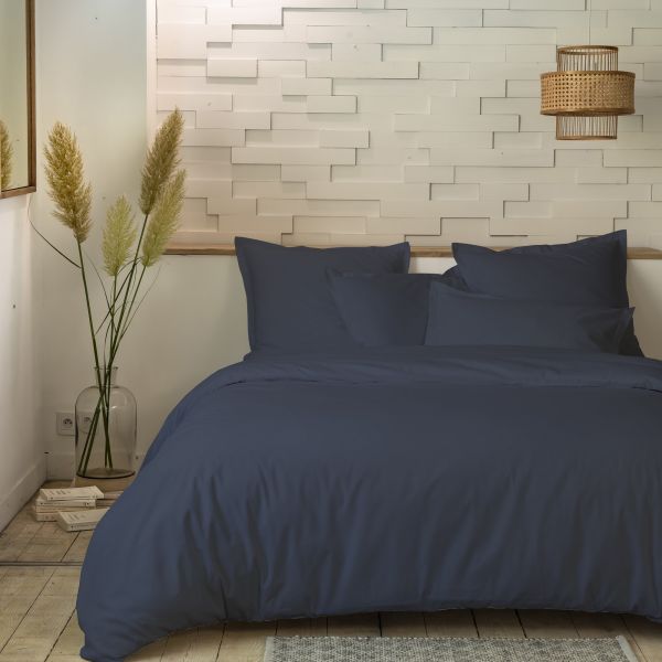 Parure de lit housse de couette avec taies d'oreiller 100% Percale de Coton 80 fils Bleu