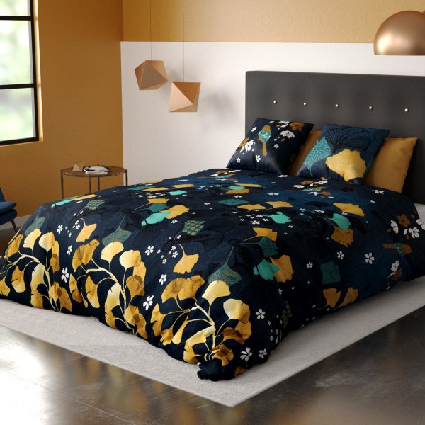 Parure de lit housse de couette avec taies d'oreiller 100% Coton 57 fils Ginko Bleu