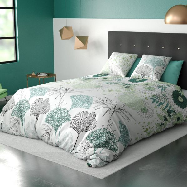 Parure de lit housse de couette avec taies d'oreiller 100% Coton 57 fils Green Flower