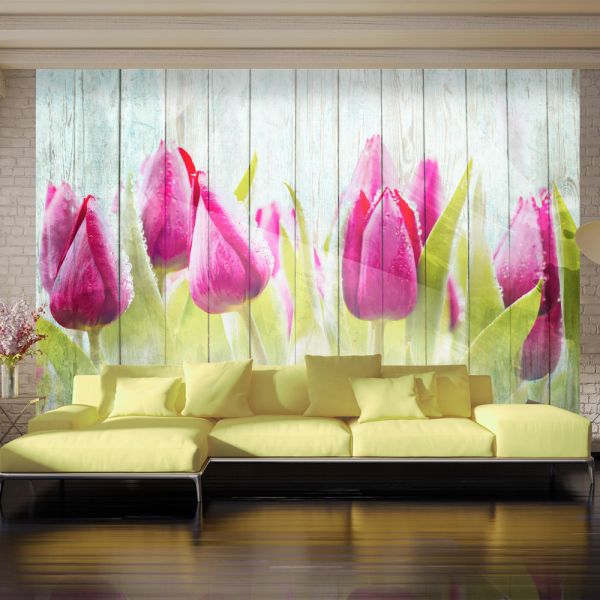 Papier peint intissé Fleurs Tulips on white wood