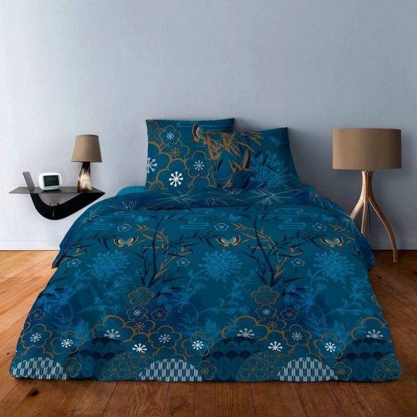 Parure de lit housse de couette avec taies d'oreiller 100% Coton 57 fils Japonisant Bleu