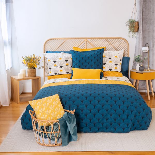 Parure housse de couette Réversible avec taies d'oreiller 100% Coton 57 fils Soleil