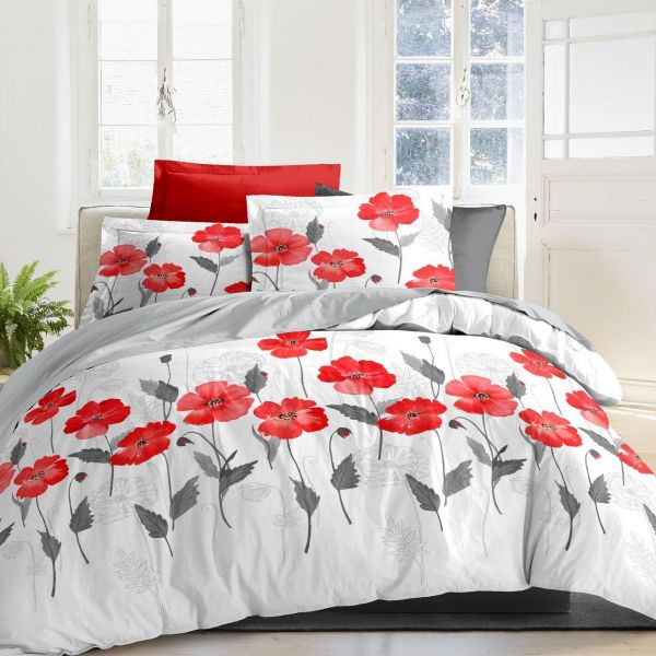 Housse de couette 220x240 + 2 taies d'oreiller 63x63 cm Coton Poppies