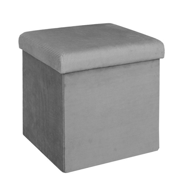 Pouf pliable coffre de rangement velours côtelé gris