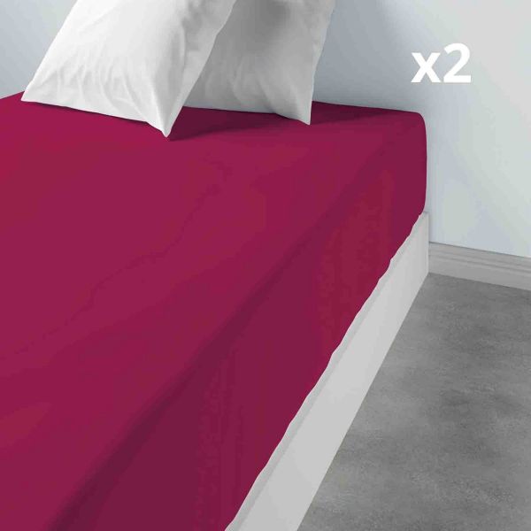 2 Draps housse 80x200 +35 cm 100% Coton 57 fils Cerise