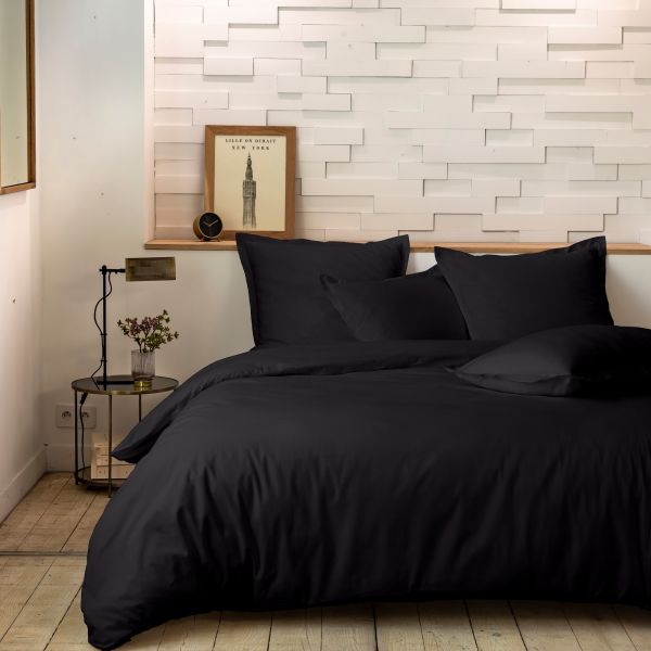 Housse de couette 220x240 cm + 2 taies 100% Percale de Coton 80 fils Noir