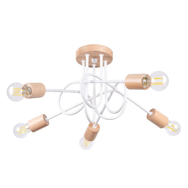 Lustre Acier Blanc/Bois Naturel E27 5 Ember