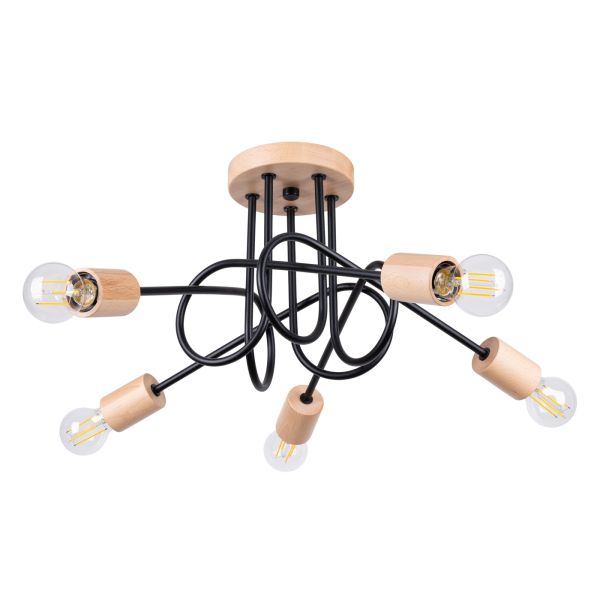 Lustre Acier Noir/Bois Naturel E27 5 Ember
