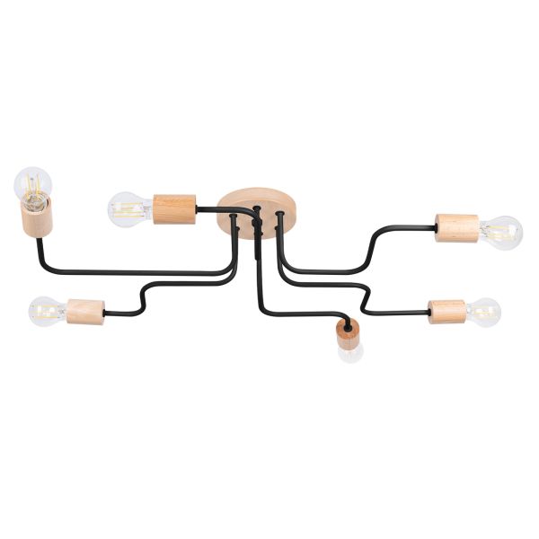 Lustre Acier Noir/Bois Naturel E27 6 Timbo