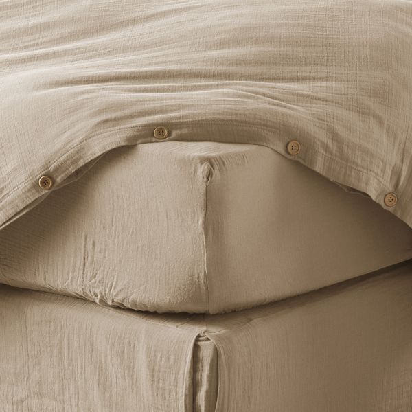 Drap housse 200x200+30 cm Gaze de Coton Terra Ficelle