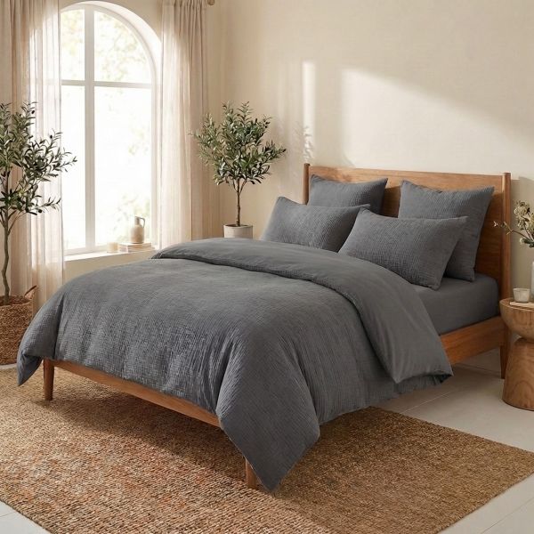 Parure de lit 220x240 cm Gaze de Coton - Coton 57 fils Charbon