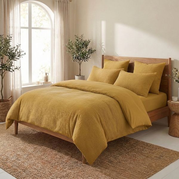 Parure de lit 240x260 cm Gaze de Coton - Coton 57 fils Ocre