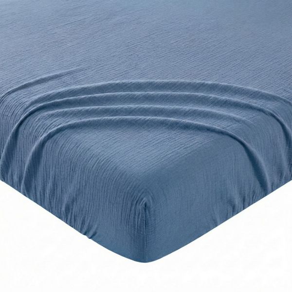 Drap Housse 160x200+35 cm Gaze de Coton - Coton 57 fils Bleu Mer